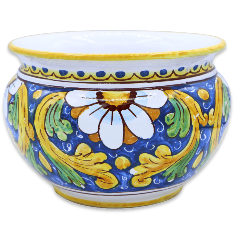 Cachepot Vaso dla ceramicznych roślin Caltagirone, barokowy dekor i kwiat na niebieskim tle, dostępny w różnych wymiarac