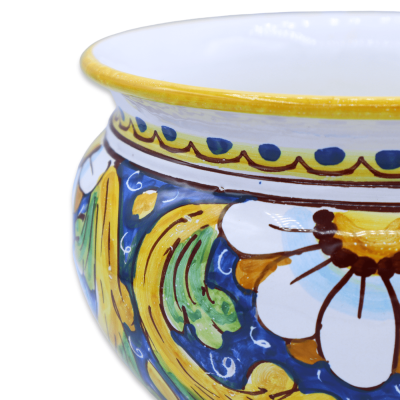Cachepot Maceta para plantas en cerámica Caltagirone, decoración barroca y flor sobre fondo azul, disponible en varios t