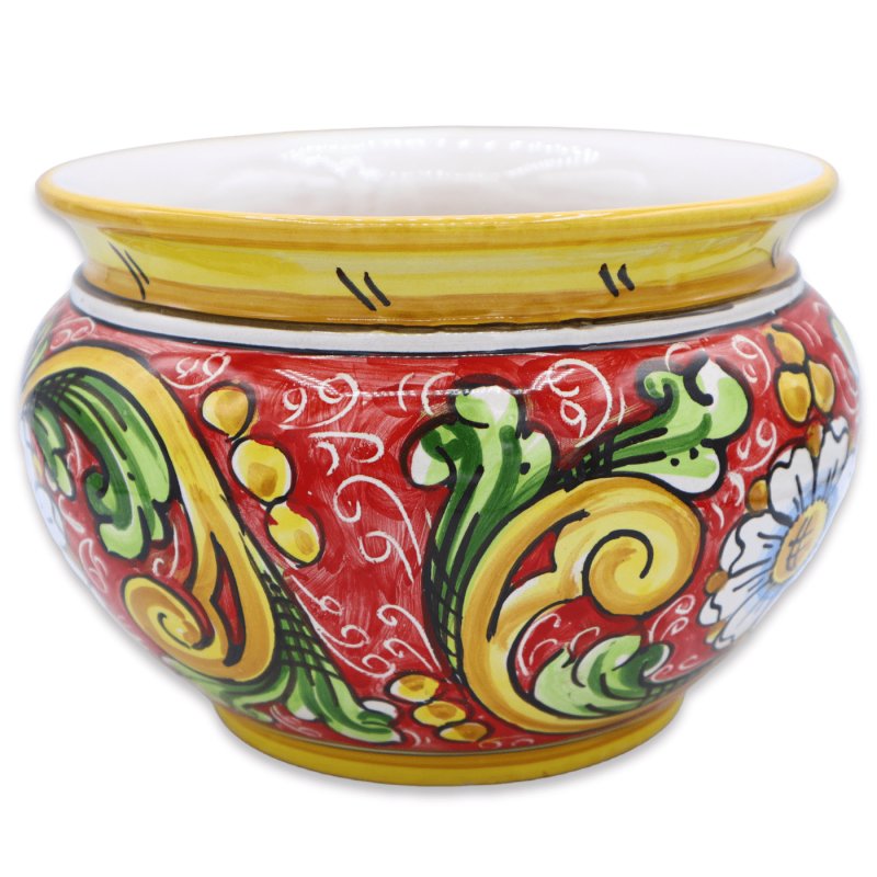 Cachepot Caltagirone ceramic plant pot, Baroque & Floral on a red background, available in various sizes - Mod BR - 