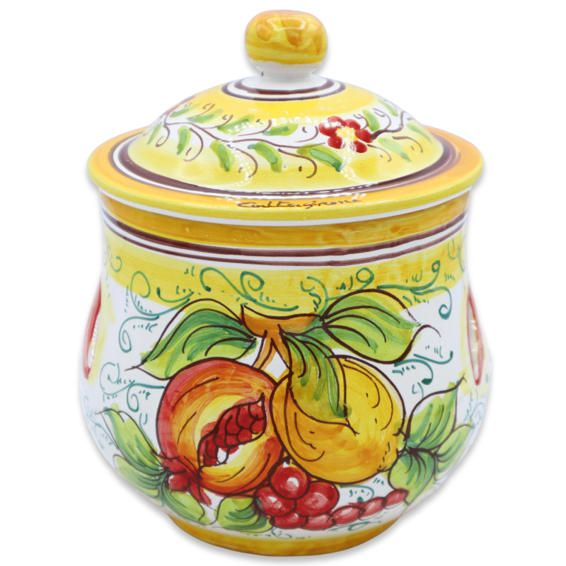 Porta Aglio o Cipolla in ceramica di Caltagirone, decoro limone, melograno & uva, h 20 e Ø 15 cm ca. - Mod TD - 