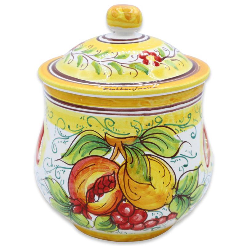 Vitlöks- eller lökhållare, i Caltagirone-keramik, h 20 x Ø 15 cm ca. Dekoration med citron, granatäpple och vindruvor. -