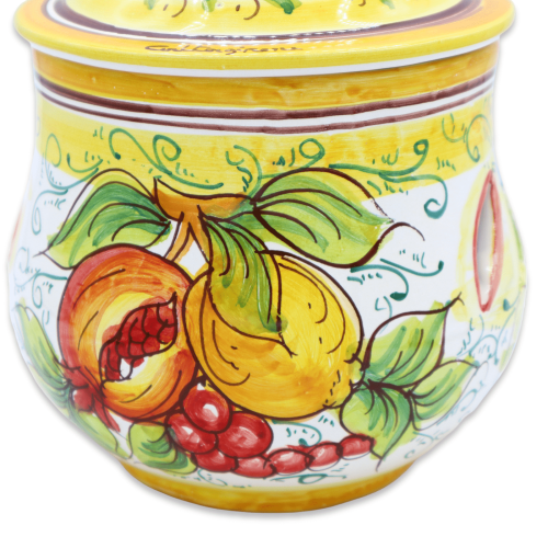 Vitlöks- eller lökhållare, i Caltagirone-keramik, h 20 x Ø 15 cm ca. Dekoration med citron, granatäpple och vindruvor. - 2