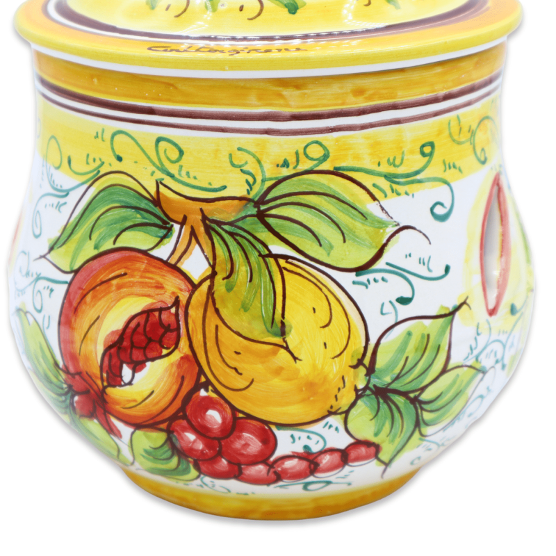 Porte-ail ou oignon, en céramique de Caltagirone, h 20 x Ø 15 cm environ. Décoration citron, grenade et raisin. - 