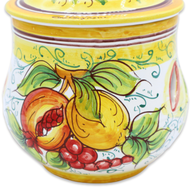 Porte-ail ou oignon, en céramique de Caltagirone, h 20 x Ø 15 cm environ. Décoration citron, grenade et raisin. - 