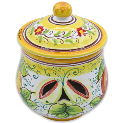 Porte-ail ou oignon, en céramique de Caltagirone, h 20 x Ø 15 cm environ. Décoration citron, grenade et raisin. - 