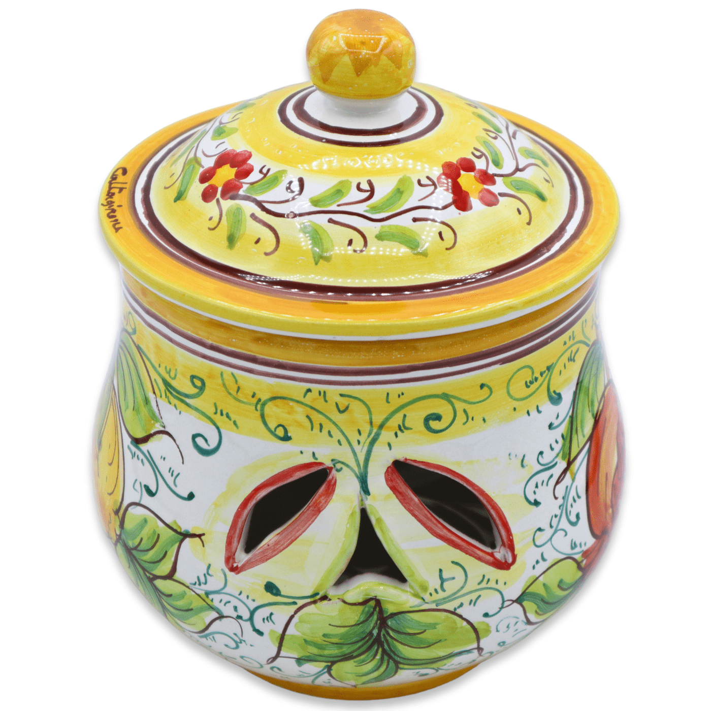 Porta Aglio o Cipolla in ceramica di Caltagirone, decoro limone, melograno  & uva, h 20 e Ø 15 cm ca. - Mod TD