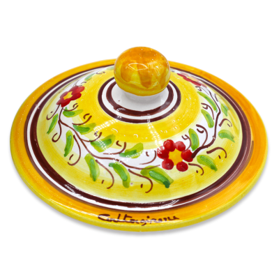 Vitlöks- eller lökhållare, i Caltagirone-keramik, h 20 x Ø 15 cm ca. Dekoration med citron, granatäpple och vindruvor. -