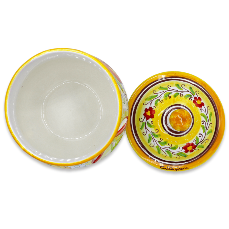 Vitlöks- eller lökhållare, i Caltagirone-keramik, h 20 x Ø 15 cm ca. Dekoration med citron, granatäpple och vindruvor. -