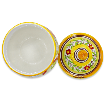 Garlic or onion holder, in Caltagirone ceramic, h 20 x Ø 15 cm approx. Lemon, pomegranate and grape decoration. - 