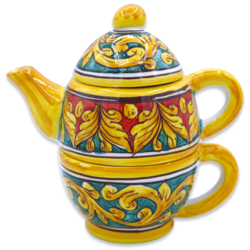 Teiera tre pezzi in ceramica di Caltagirone, decoro barocco, h 20 cm ca. Mod CAN - 