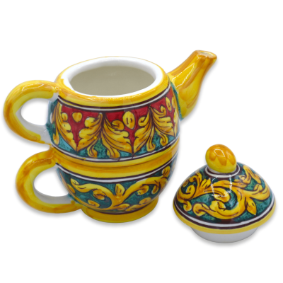 Trzyczęściowy czajniczek z ceramiki Caltagirone, wysokość ok. 20 cm. Dekoracja barokowa - 