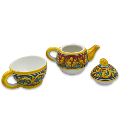 Trzyczęściowy czajniczek z ceramiki Caltagirone, wysokość ok. 20 cm. Dekoracja barokowa - 