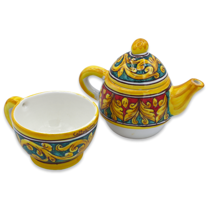 Bule de três peças em cerâmica Caltagirone, aprox. 20 cm de altura. Decoração barroca - 