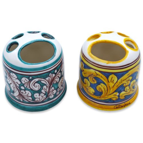 Porta spazzolini e dentifricio in ceramica Caltagirone, decoro selezionabile, h 11 e Ø 10 cm ca - 