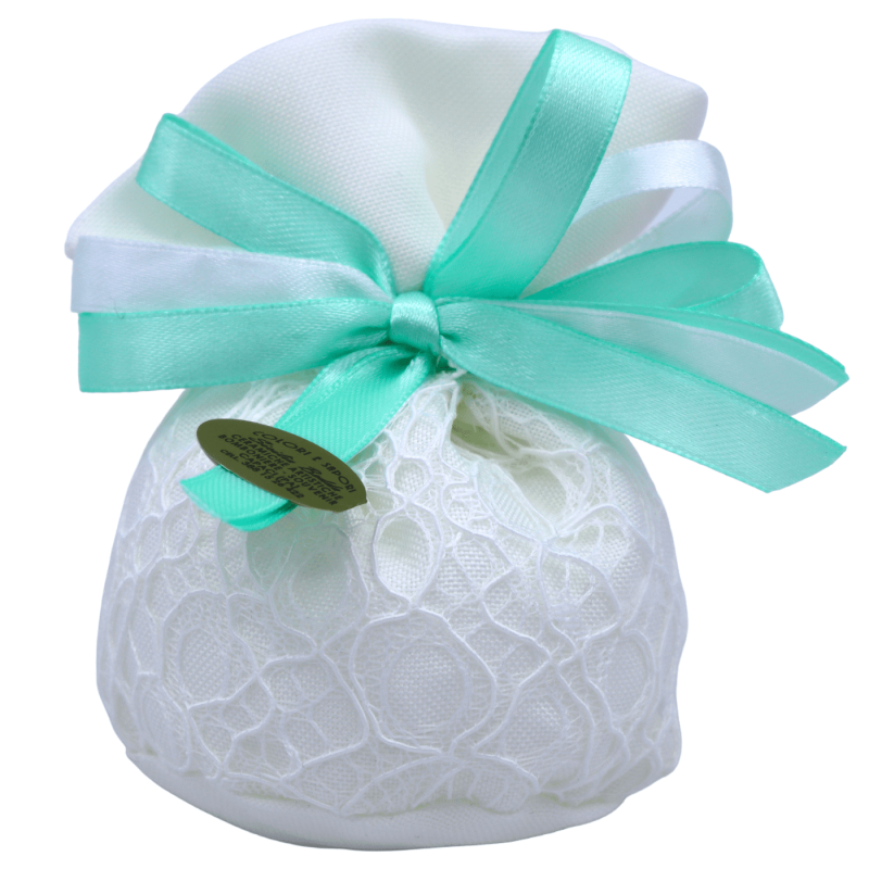 Bag in WHITE Macramè lace and double satin ribbons (customizable), 5 sugared almonds inside - Size: 10 cm - 