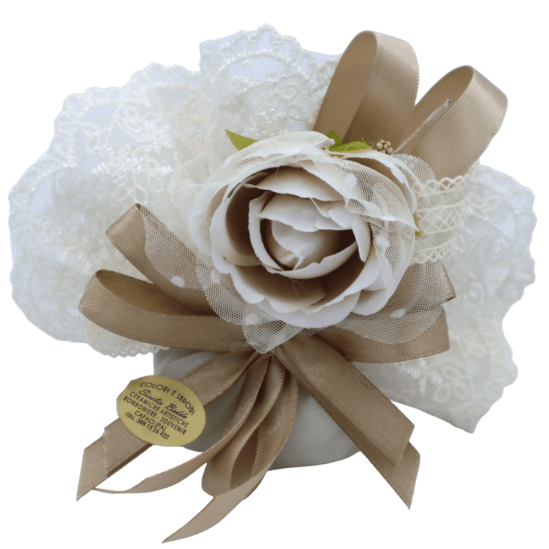 Lace bag with dove rose and tulle decorated with ribbon and sprig, 5 sugared almonds inside - Size: 24 x 24 cm - 
