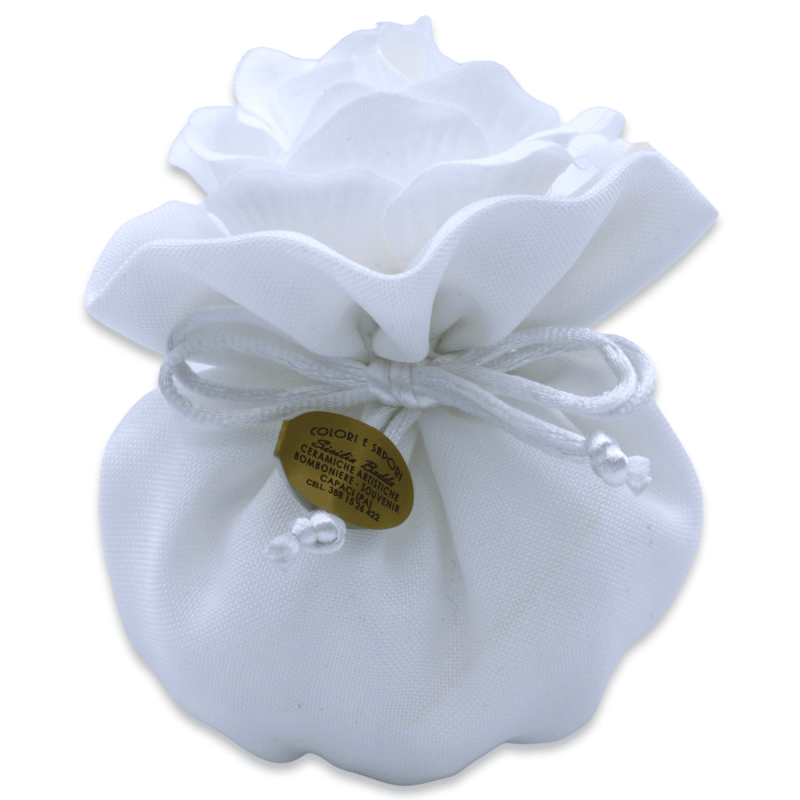 Blumensack mit weißem Büschel und Rose, 5 Konfetti im Inneren – Größe: L 10 x H 13 cm - 