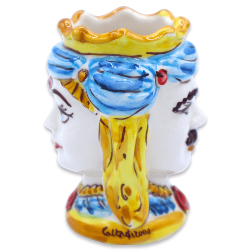 Giano Bifronte testa con due volti in ceramica Caltagirone, Corona e Turbante, h 10 cm ca. Mod PUR - 