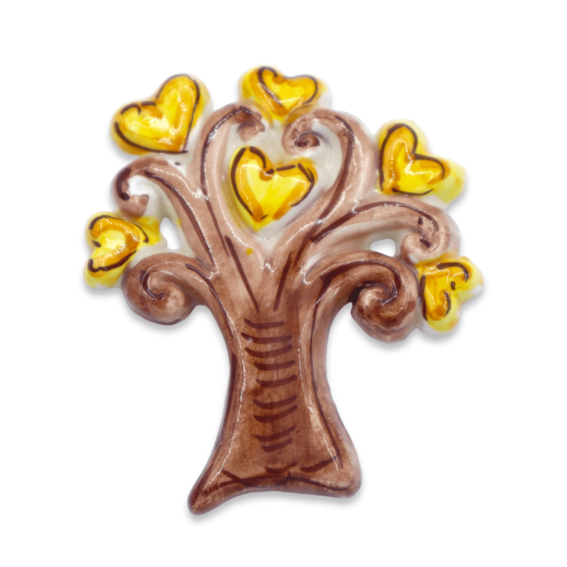 Magnes w cennej ceramice w kształcie drzewa z sercami, ozdobą i kolorem, h 7 cm x l 7 cm około (1pz) Mod CAN - 