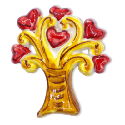 Magnes w cennej ceramice w kształcie drzewa z sercami, ozdobą i kolorem, h 7 cm x l 7 cm około (1pz) Mod CAN - 
