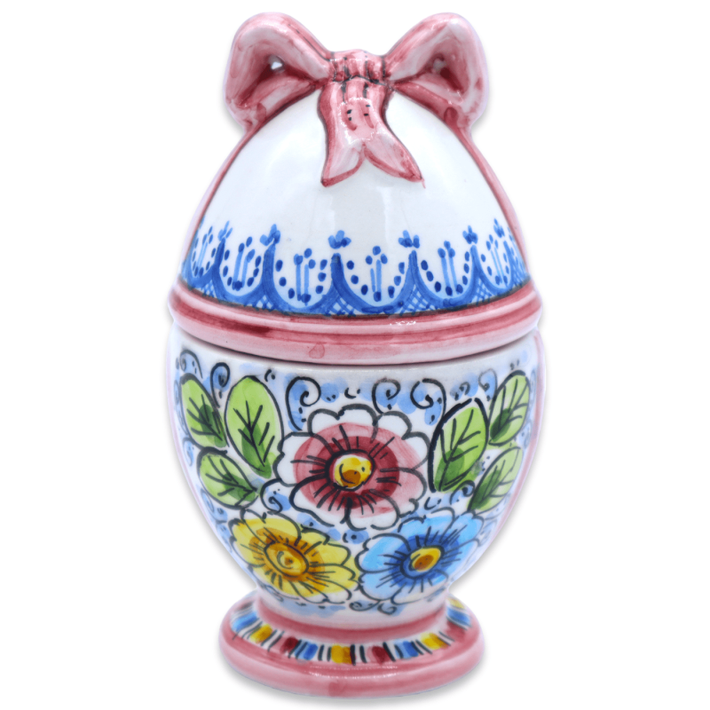 Ägg keramiska smycken innehavare av Caltagirone, blommig dekoration och rosa båge, h 13 cm ca. Mod. FL - 