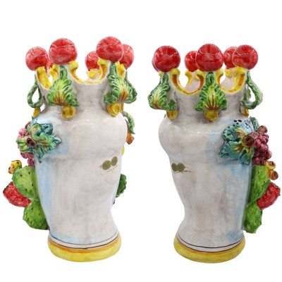 Pareja de Cabezas de Moro de Caltagirone con Modelo de Fruta, 40 cm de altura - 