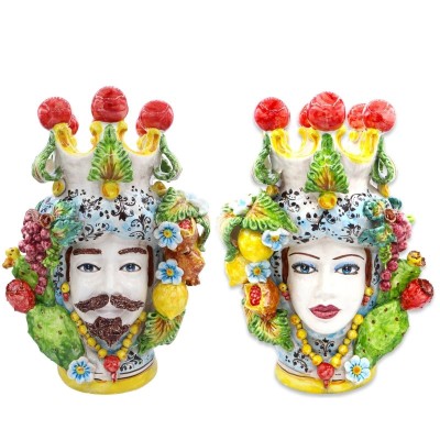 Pair of Caltagirone Moor's Heads with Fruit Model, 40 cm high - 