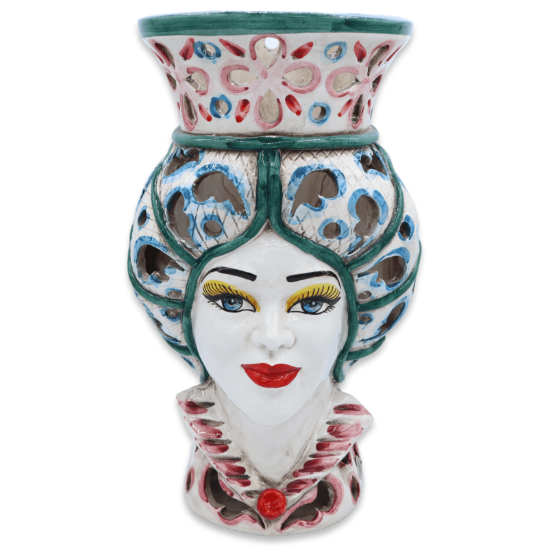 Moros Kopf-Wandbild (zum Aufhängen) Caltagirone-Keramik, perforiert und grün/roter Hintergrund, H ca. 35 cm. (1 Stück) -