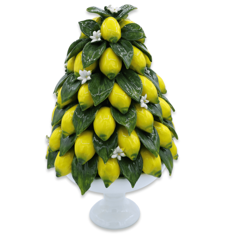 Alzata in pregiata ceramica con composizione di Limoni, foglie e fiori di Zagara, h 35 cm ca. Mod CP - 
