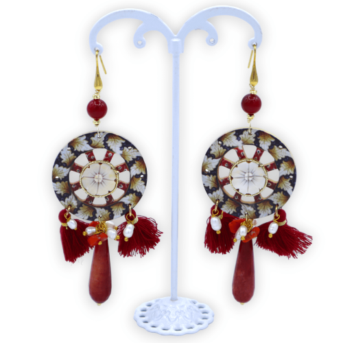 Wooden earrings in the shape of a Sicilian cart wheel with cameo insert, natural stones and tassels -  2