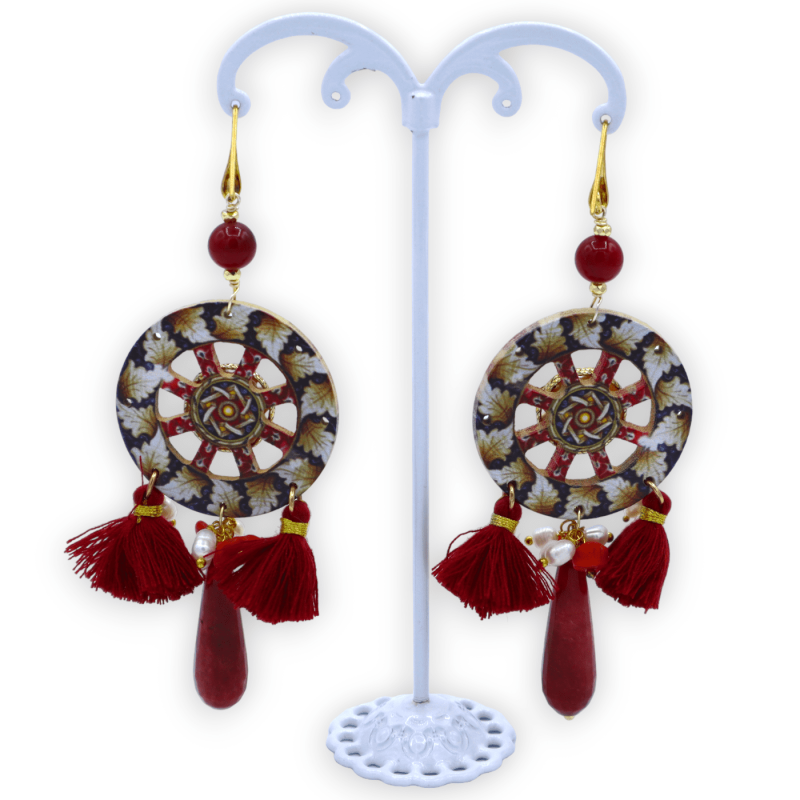 Wooden earrings in the shape of a Sicilian cart wheel with cameo insert, natural stones and tassels - 