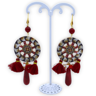 Wooden earrings in the shape of a Sicilian cart wheel with cameo insert, natural stones and tassels - 