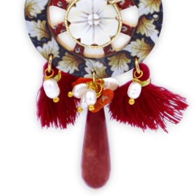 Wooden earrings in the shape of a Sicilian cart wheel with cameo insert, natural stones and tassels - 