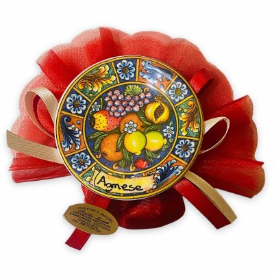 Bomboniere magnete Piattino Siciliano 6,5cm in ceramica, scritta personalizzata, saccoccino in Velo, nastri in Raso e 5 