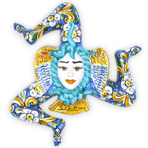 Trinacria z ceramiki Caltagirone, wys. 34 cm x 33 l ok. dekoracja barokowa i kwiatowa na niebieskim tle - 