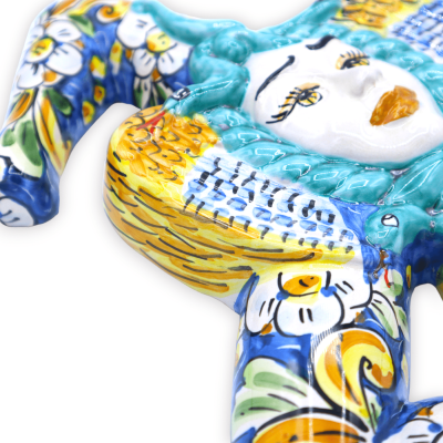 Trinacria in ceramica Caltagirone, h 34 x 33 l ca. decoro barocco e floreale su fondo blu - 