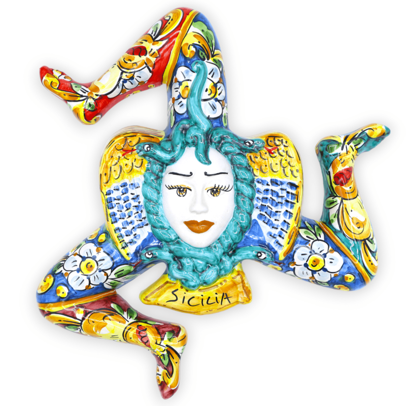 Trinacria keramisk Caltagirone, h 34 cm x 33 l ca. blom- och fruktdekoration, mångfärgad bakgrund - 