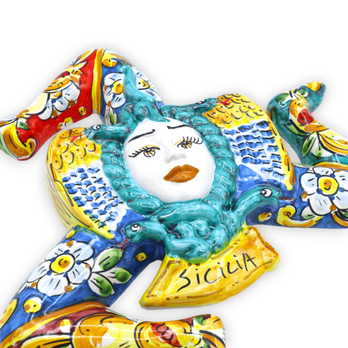 Trinacria Keramik Caltagirone, H 34 cm x 33 L ca. Blumen- und Fruchtdekoration, mehrfarbiger Hintergrund -  2