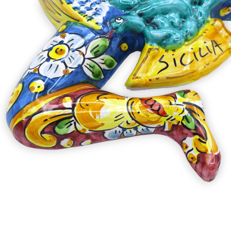 Trinacria Keramik Caltagirone, H 34 cm x 33 L ca. Blumen- und Fruchtdekoration, mehrfarbiger Hintergrund - 