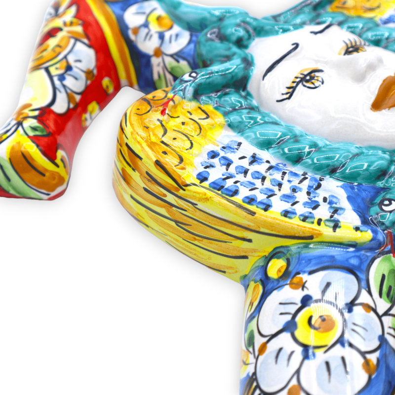 Trinacria Keramik Caltagirone, H 34 cm x 33 L ca. Blumen- und Fruchtdekoration, mehrfarbiger Hintergrund - 