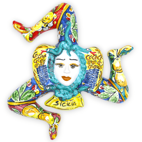 Caltagirone de cerámica Trinacria, h 34 x 33 l cm aprox. decoración de tuna y limón, fondo multicolor - 