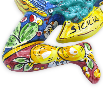Trinacria Keramik Caltagirone, H 34 x 33 L cm ca. Kaktusfeigen- und Zitronendekoration, mehrfarbiger Hintergrund - 