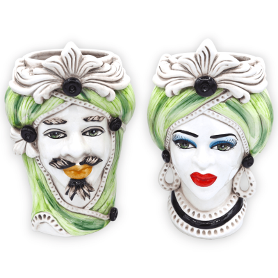 Caltagirone Moors hoofd met fries en tulband, groene achtergrond, h 28 cm ca. RP-mod - 