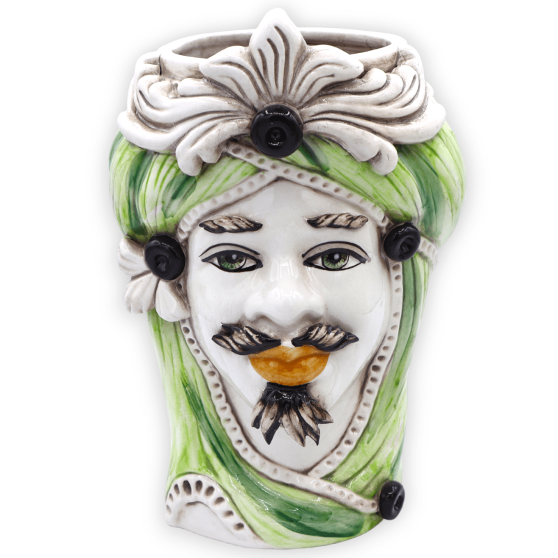 Caltagirone Moors hoofd met fries en tulband, groene achtergrond, h 28 cm ca. RP-mod - 