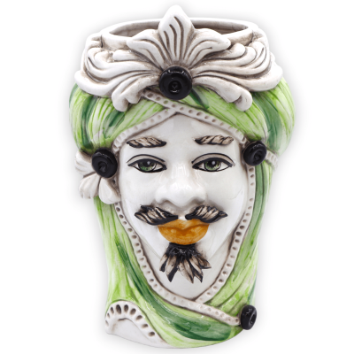 Caltagirone Moors hoofd met fries en tulband, groene achtergrond, h 28 cm ca. RP-mod - 