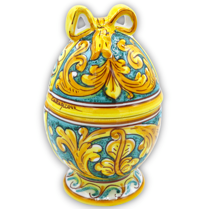 Uovo porta gioie con nastro in ceramica di Caltagirone, Decoro barocco, h 22 cm ca. Mod. CAN - 