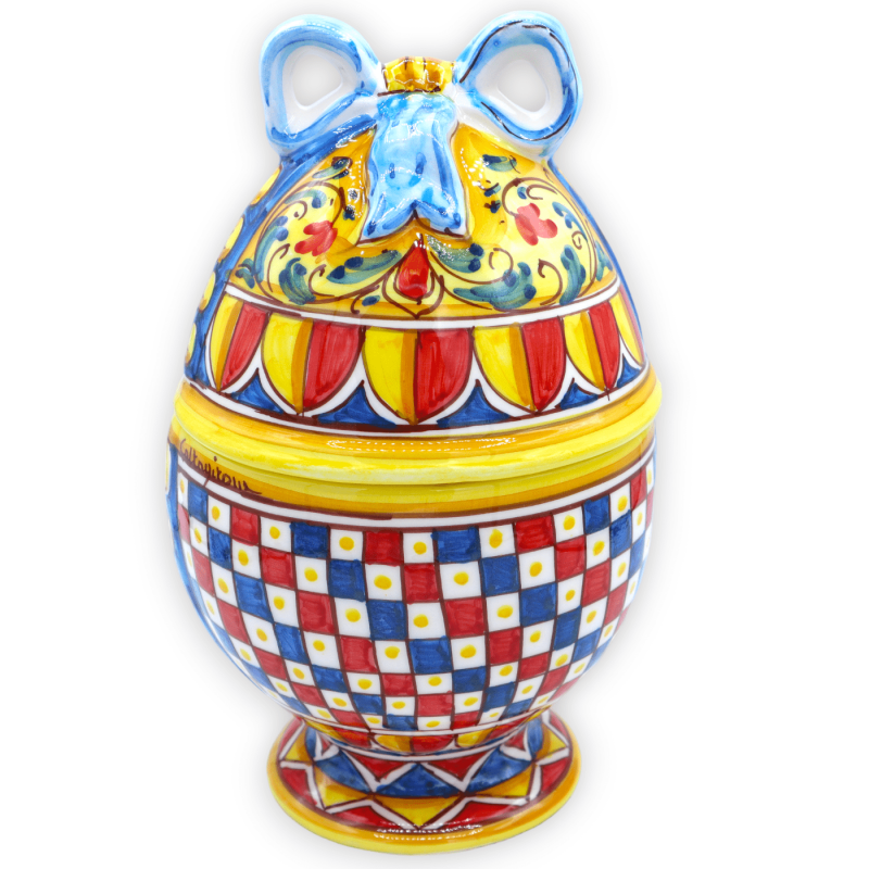 Uovo porta gioie con nastro ceramica di Caltagirone, Decoro carretto siciliano, h 27 cm ca. Mod. CAN - 