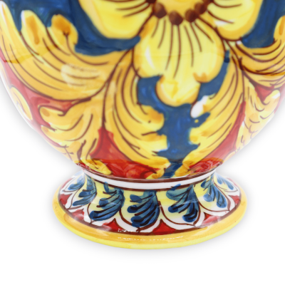 Jewelery egg with ribbon in Caltagirone ceramic, Baroque decoration with red and blue background, h 27 cm approx. CAN mo
