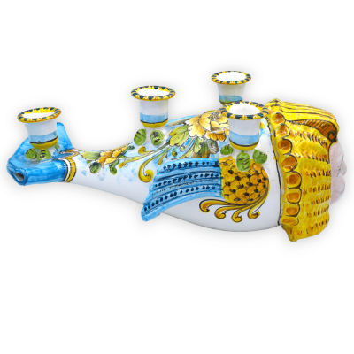 Reproduction of Colapesce candelabra in fine Sicilian ceramic, floral decoration, 45 cm - 