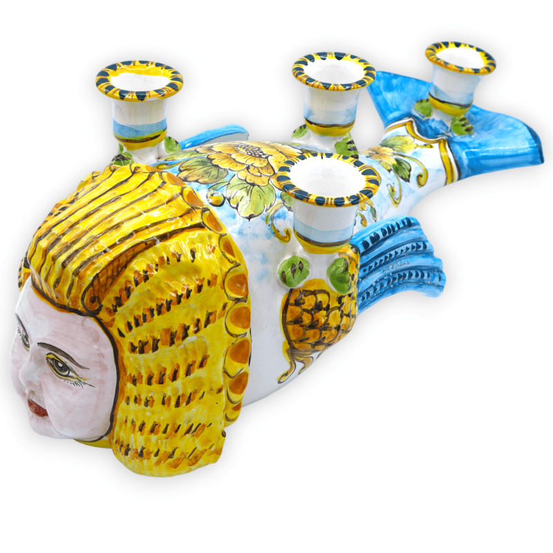 Riproduzione Candelabro con Testa Sfinge e Corpo Pesce in pregiata ceramica siciliana, Decoro Floreale, 45 cm - 